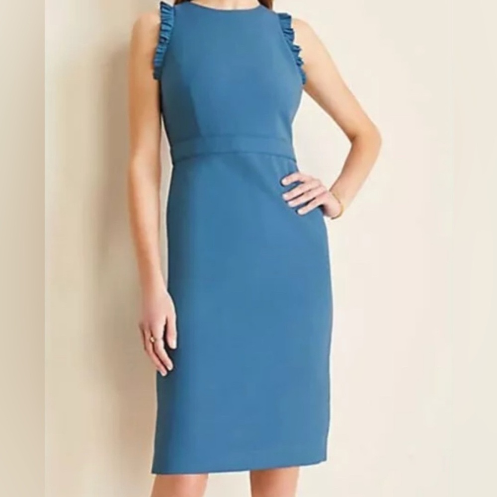 Ann Taylor blue ruffle sheath dress